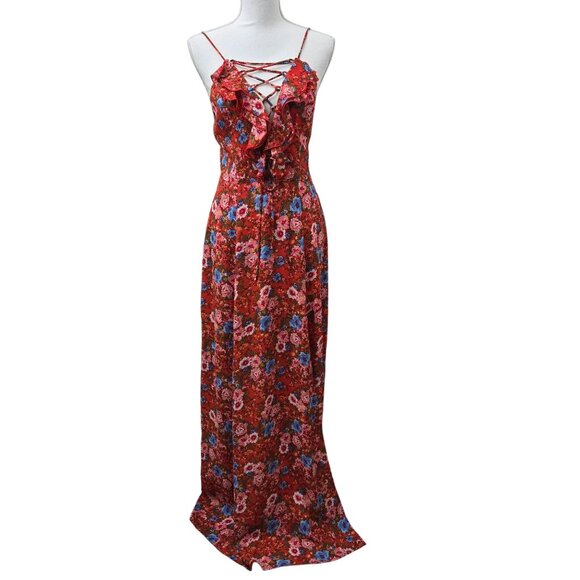 Wayf Maxi Dress Women Small Red Ditzy floral Lace up Slit Back Zip Party Wedding - Picture 1 of 16